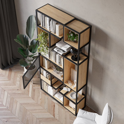 HMR - 78" Geometric Bookcase 6-Tier in Natural and Black