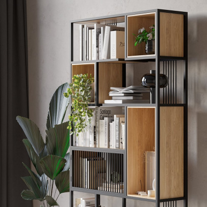 HMR - 78" Geometric Bookcase 6-Tier in Natural and Black