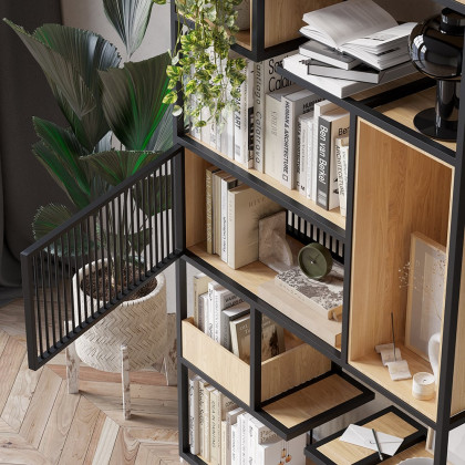 HMR - 78" Geometric Bookcase 6-Tier in Natural and Black
