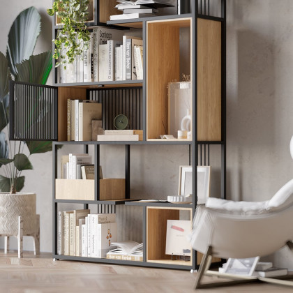 HMR - 78" Geometric Bookcase 6-Tier in Natural and Black