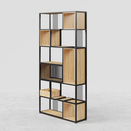 HMR - 78" Geometric Bookcase 6-Tier in Natural and Black