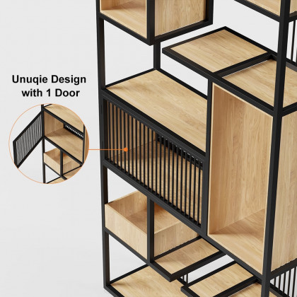 HMR - 78" Geometric Bookcase 6-Tier in Natural and Black