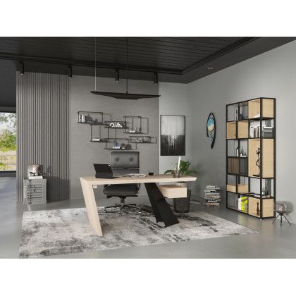 HMR - 78" Geometric Bookcase 6-Tier in Natural and Black