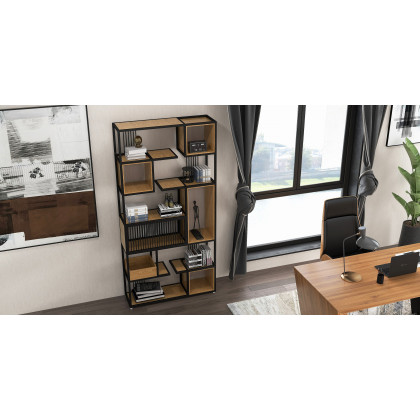 HMR - 78" Geometric Bookcase 6-Tier in Natural and Black