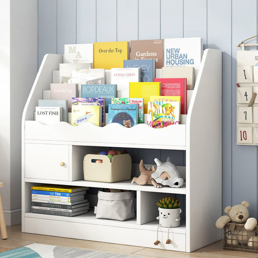 HMR - Modern White Kids Bookshelf Toy Storage Shelf in Manufacture Finish