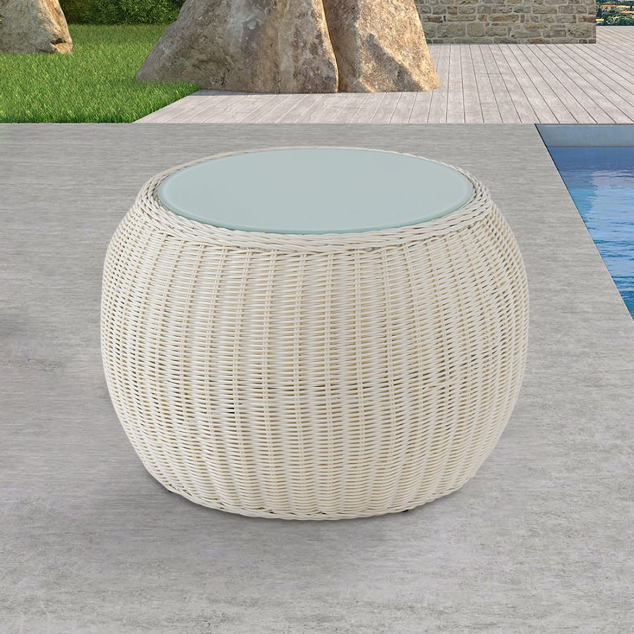 HMR - Rattan Glass-Top Coffee Table 24.4" in Khaki