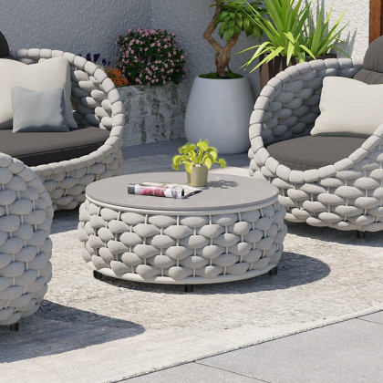 HMR Tatta Modern Faux Marble Top Round Outdoor Coffee Table with Textilene Rope Woven Base - Gray, W/O Storage