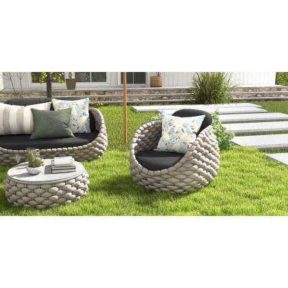 HMR Tatta Modern Faux Marble Top Round Outdoor Coffee Table with Textilene Rope Woven Base - Gray, W/O Storage
