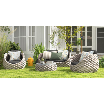 HMR Tatta Modern Faux Marble Top Round Outdoor Coffee Table with Textilene Rope Woven Base - Gray, W/O Storage