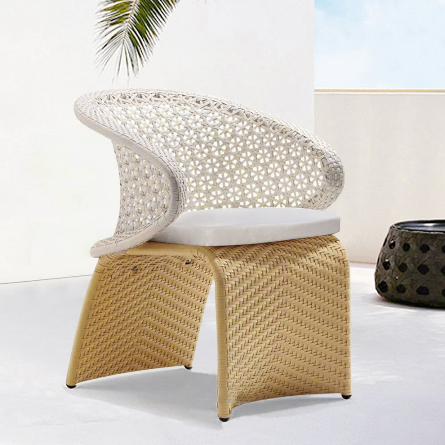 HMR Aluminum & Rattan Outdoor Patio Armchair with Cushion Arched Bottom Low-Back - White & Khaki, Single