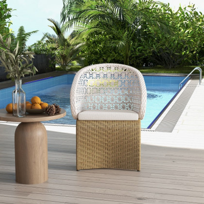 HMR Aluminum & Rattan Outdoor Patio Armchair with Cushion Arched Bottom Low-Back - White & Khaki, Single