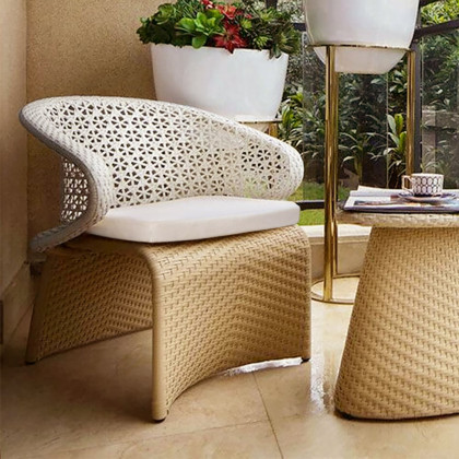HMR Aluminum & Rattan Outdoor Patio Armchair with Cushion Arched Bottom Low-Back - White & Khaki, Single