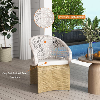 HMR Aluminum & Rattan Outdoor Patio Armchair with Cushion Arched Bottom Low-Back - White & Khaki, Single