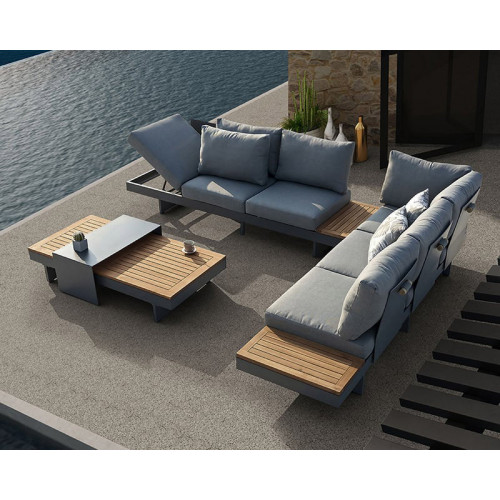 HMR - 4-Pieces Modular Aluminum & Teak Outdoor Sofa Set for 6 Person