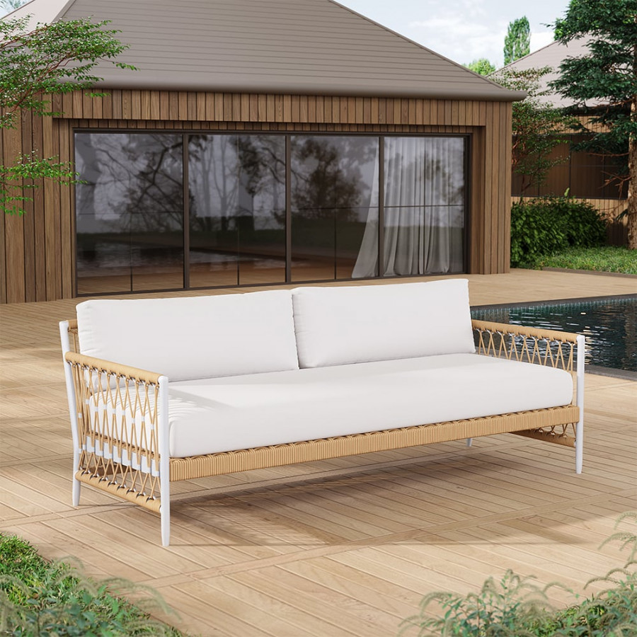 HMR - Woven Rope Outdoor 3-Seater Sofa with Polyester Pillow Cushion in White