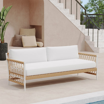 HMR - Woven Rope Outdoor 3-Seater Sofa with Polyester Pillow Cushion in White