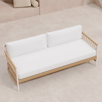 HMR - Woven Rope Outdoor 3-Seater Sofa with Polyester Pillow Cushion in White