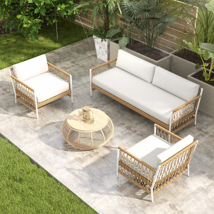 HMR - Woven Rope Outdoor 3-Seater Sofa with Polyester Pillow Cushion in White