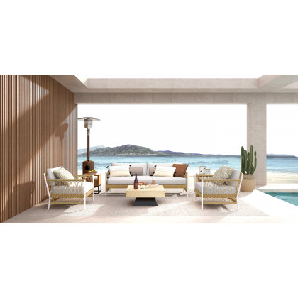 HMR - Woven Rope Outdoor 3-Seater Sofa with Polyester Pillow Cushion in White