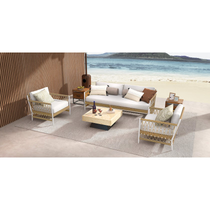 HMR - Woven Rope Outdoor 3-Seater Sofa with Polyester Pillow Cushion in White
