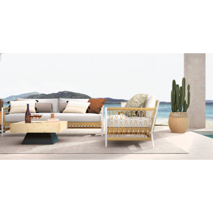 HMR - Woven Rope Outdoor 3-Seater Sofa with Polyester Pillow Cushion in White