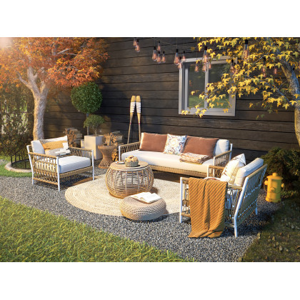 HMR - Woven Rope Outdoor 3-Seater Sofa with Polyester Pillow Cushion in White