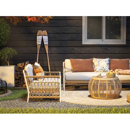 HMR - Woven Rope Outdoor 3-Seater Sofa with Polyester Pillow Cushion in White