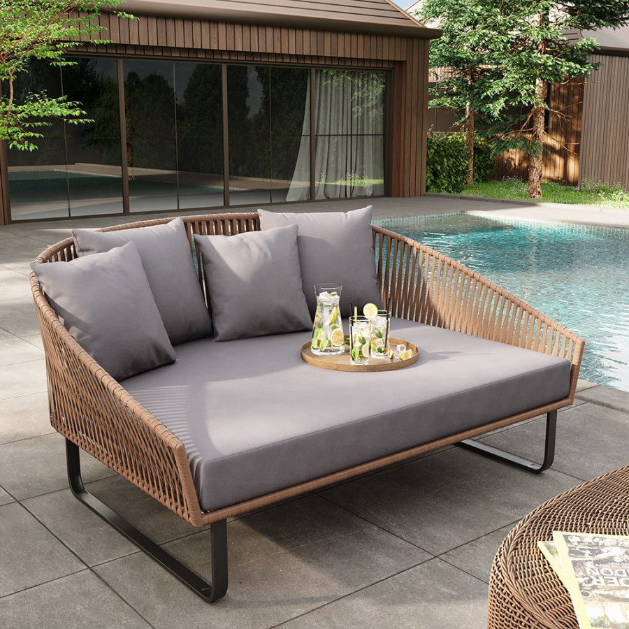 HMR - Rattan Outdoor Daybed with Cushion Pillow Aluminum Frame 63" in Gray and Khaki