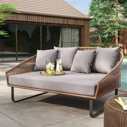 HMR - Rattan Outdoor Daybed with Cushion Pillow Aluminum Frame 63" in Gray and Khaki