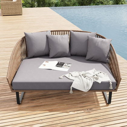 HMR - Rattan Outdoor Daybed with Cushion Pillow Aluminum Frame 63" in Gray and Khaki