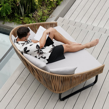HMR - Rattan Outdoor Daybed with Cushion Pillow Aluminum Frame 63" in Gray and Khaki