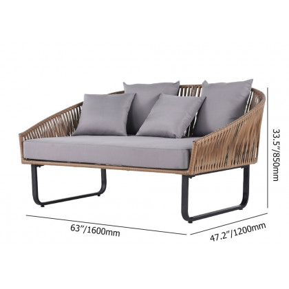 HMR - Rattan Outdoor Daybed with Cushion Pillow Aluminum Frame 63" in Gray and Khaki