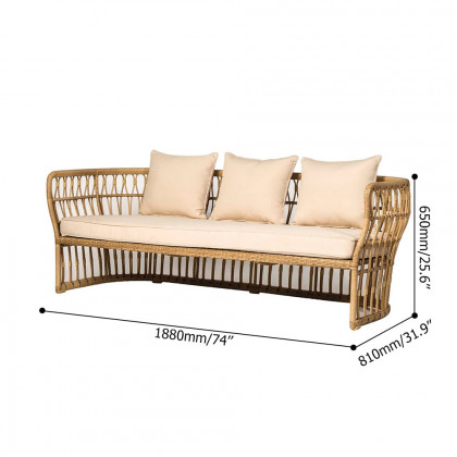 HMR - Tropical Style Rattan Sofa with Square Arm and Cushion Pillow 74" in Natural