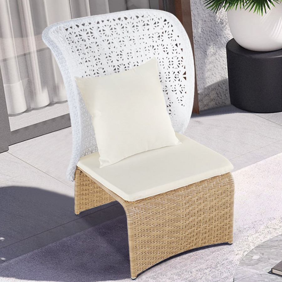 HMR - Hofer Rattan Outdoor Wingback Chair with Cushion Pillow and Arched Bottom in White
