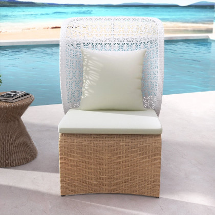 HMR - Hofer Rattan Outdoor Wingback Chair with Cushion Pillow and Arched Bottom in White