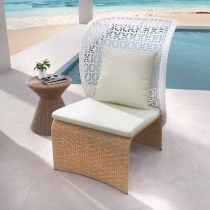 HMR - Hofer Rattan Outdoor Wingback Chair with Cushion Pillow and Arched Bottom in White