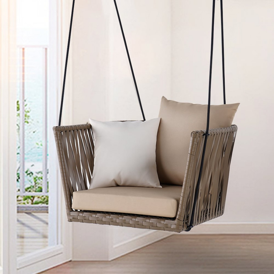 HMR - Modern Outdoor Hanging Rattan Swing Chair with Cushion Pillow in Khaki