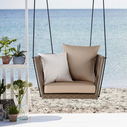 HMR - Modern Outdoor Hanging Rattan Swing Chair with Cushion Pillow in Khaki