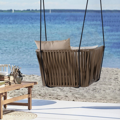 HMR - Modern Outdoor Hanging Rattan Swing Chair with Cushion Pillow in Khaki