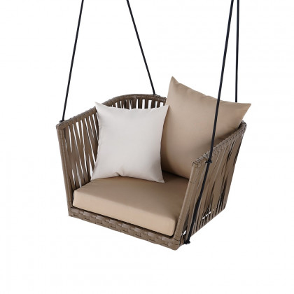HMR - Modern Outdoor Hanging Rattan Swing Chair with Cushion Pillow in Khaki