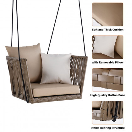 HMR - Modern Outdoor Hanging Rattan Swing Chair with Cushion Pillow in Khaki