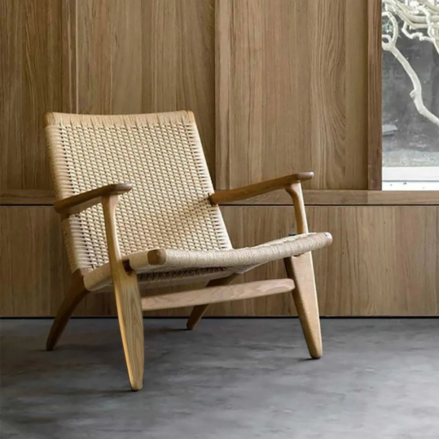 HMR - Boho Solid Wood Outdoor Patio Lounge Armchair with Woven Seat in Beige