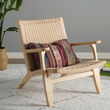 HMR - Boho Solid Wood Outdoor Patio Lounge Armchair with Woven Seat in Beige