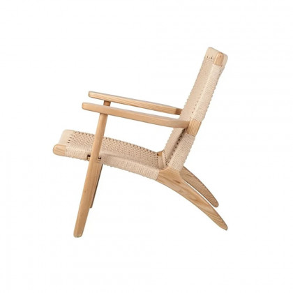 HMR - Boho Solid Wood Outdoor Patio Lounge Armchair with Woven Seat in Beige