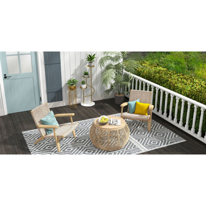 HMR - Boho Solid Wood Outdoor Patio Lounge Armchair with Woven Seat in Beige