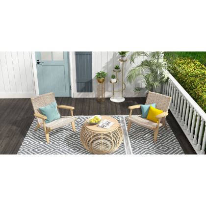 HMR - Boho Solid Wood Outdoor Patio Lounge Armchair with Woven Seat in Beige