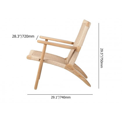HMR - Boho Solid Wood Outdoor Patio Lounge Armchair with Woven Seat in Beige