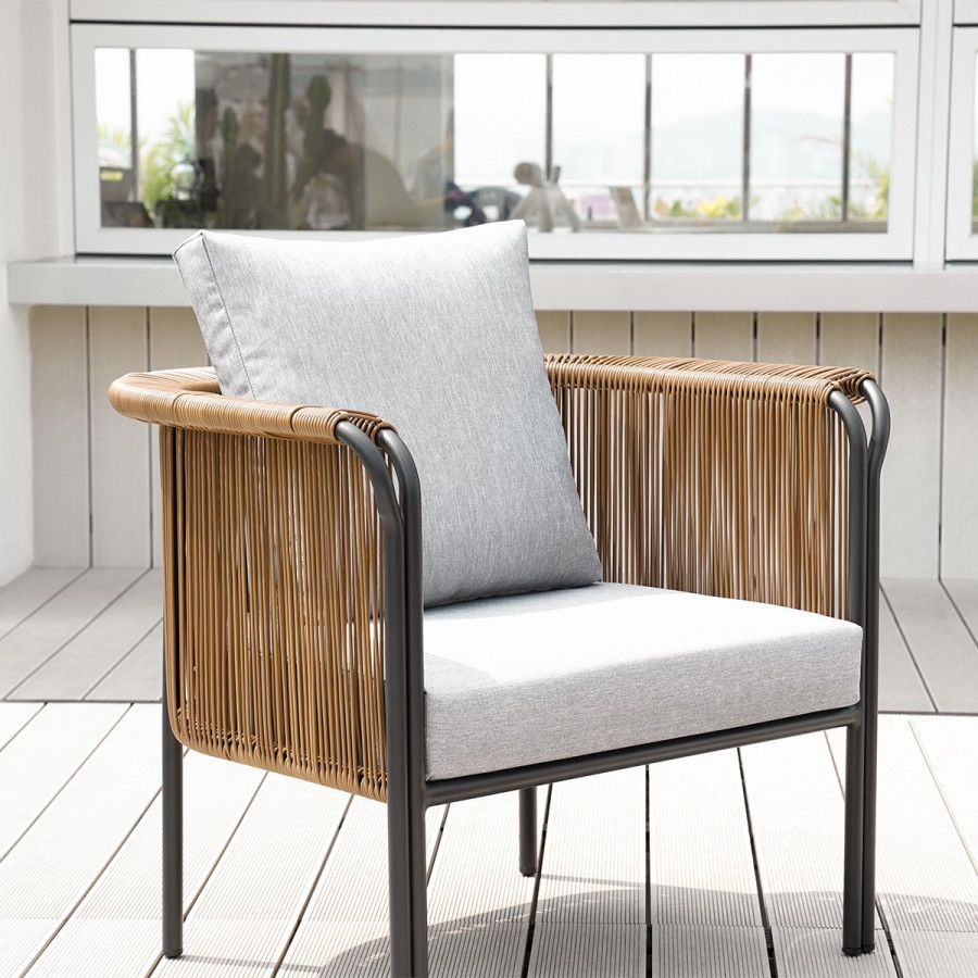 HMR - Modern Woven Rattan Outdoor Barrel Chair Armchair with Back Flared Edge in Brown & Gray