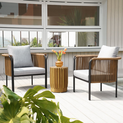 HMR - Modern Woven Rattan Outdoor Barrel Chair Armchair with Back Flared Edge in Brown & Gray