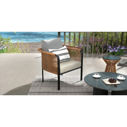 HMR - Modern Woven Rattan Outdoor Barrel Chair Armchair with Back Flared Edge in Brown & Gray